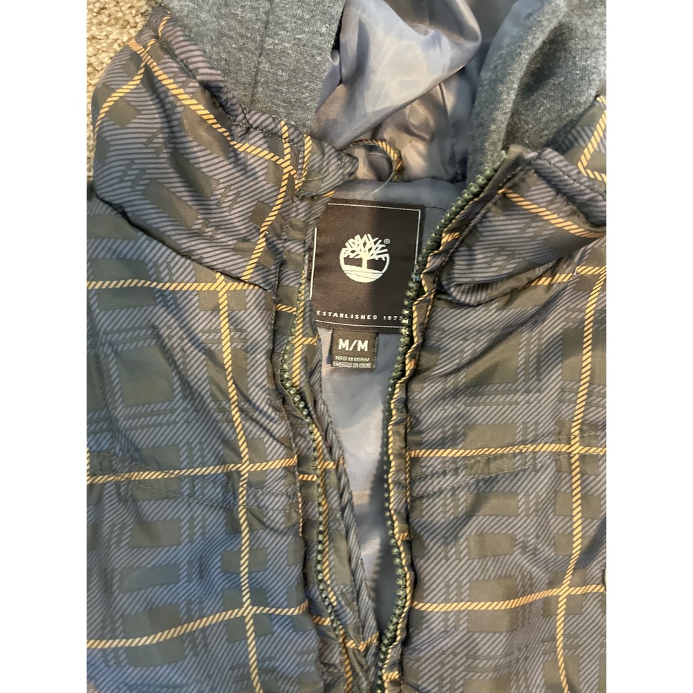 Timberland Boys Puffer Jacket Hooded Plaid Zip Up Gray Size M Medium - Picture 2 of 2